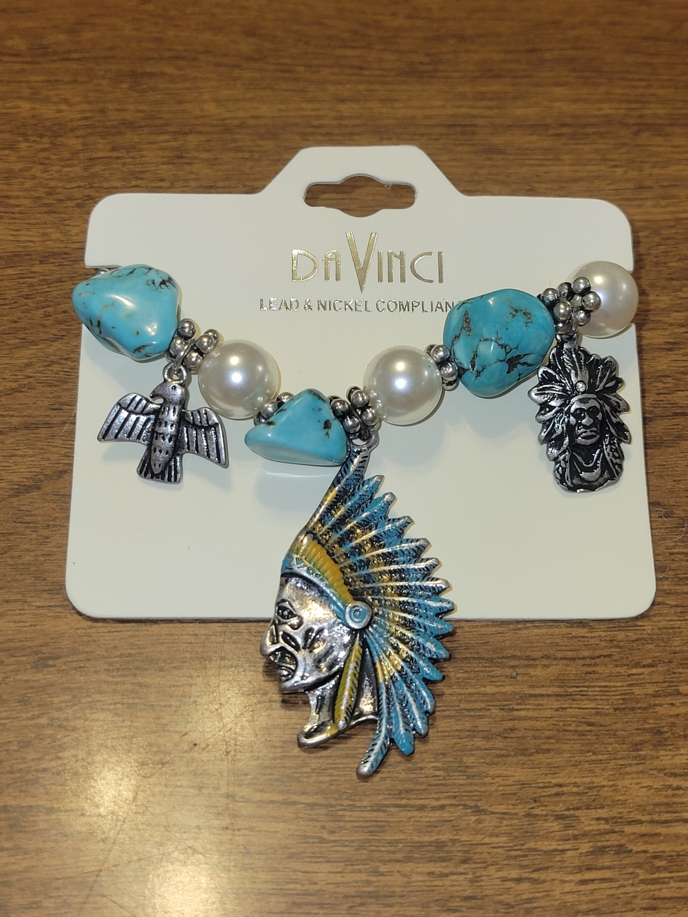 458- DaVinci Turquoise, Silver and Pearl Charm Bracelet with Feathered Headdress